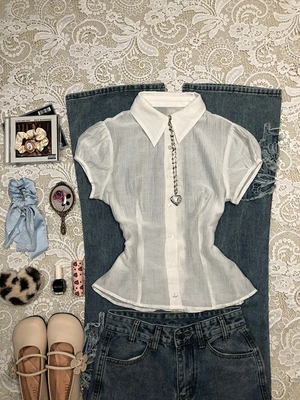 

Collar ort Sve White irt Women's Faion Pleated Design Cute Small Top Commute Sle Polyester Blend Summer irt