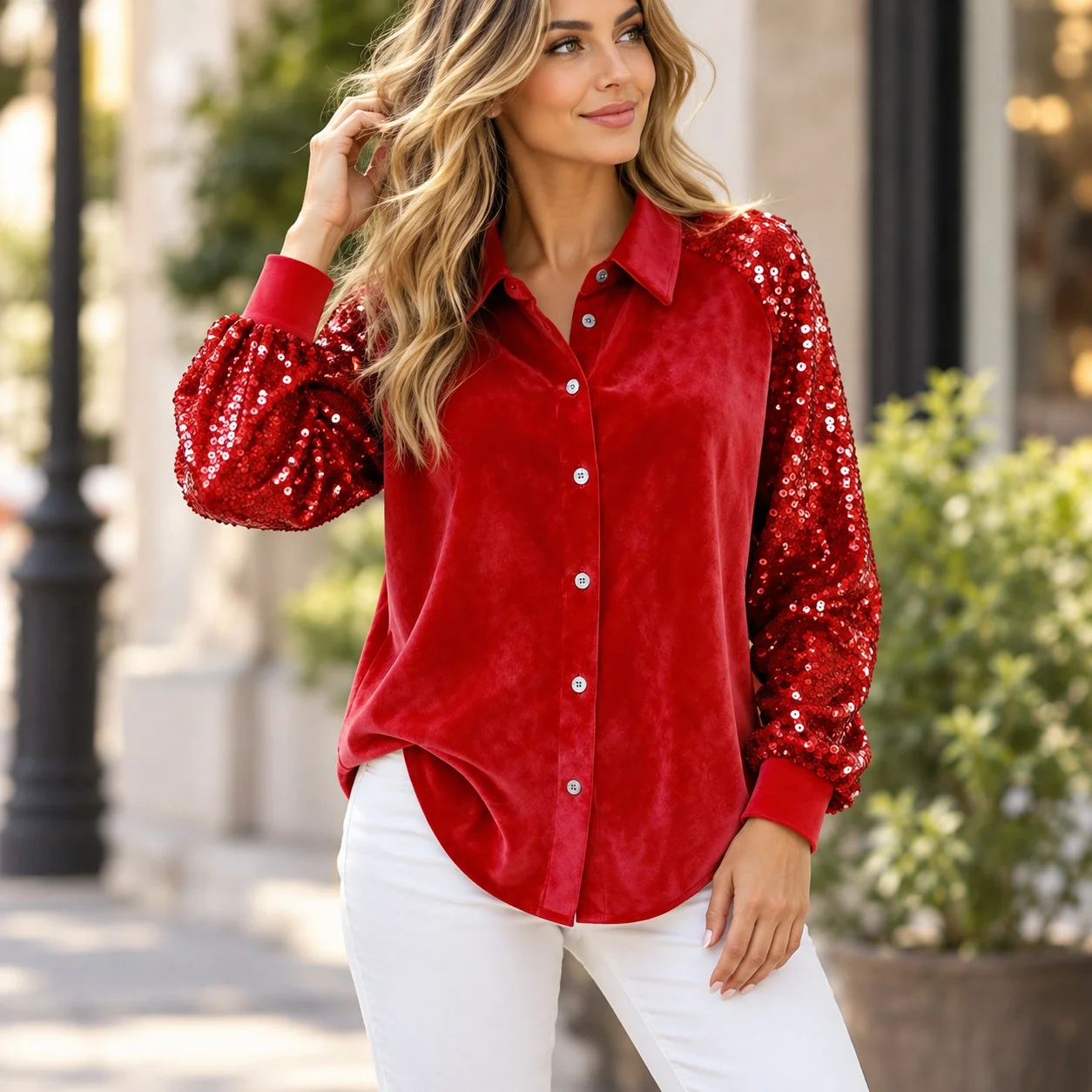Sequined Loose Fit Shirt with 3d Effect Pattern European and American Style Mid Long Length Regular Sleeve V Neck Women Blouse