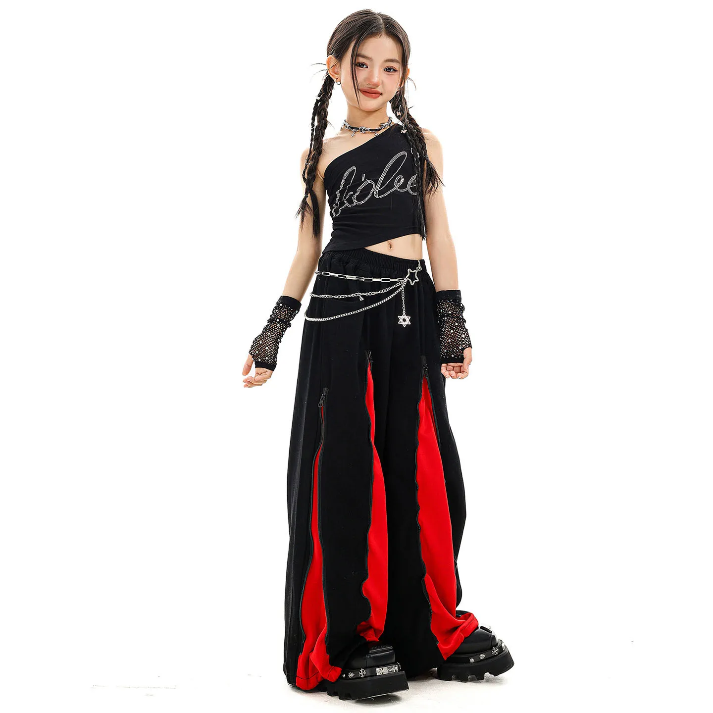 

Kid Kpop Hip Hop Clothing Black One Shoulder Stone Crop Tank Top Red Casual Zipper Wide Leg Pants for Girl Dance Costume Clothes