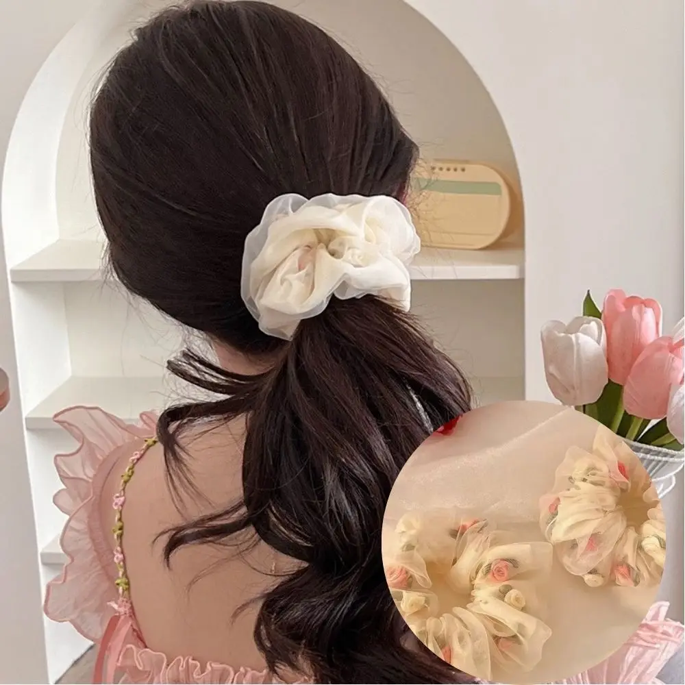 French Romantic Rose Blossom Hair Scrunchies Double Layer Organza Scrunch Girls Hair Accessories Summer Sweet Hair Ties Headwear