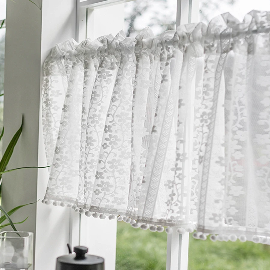 

White Flower Knitted Lace with Pom-pom Sheer Curtains for Kitchen Delicate Romantic Short Half Voile for Home Decor Drapes