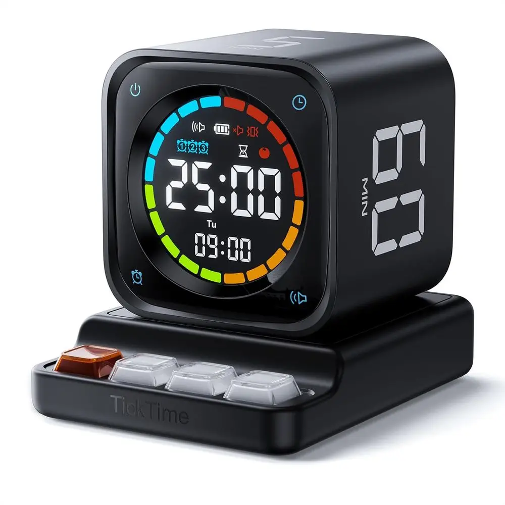 

Desk Timer Cube with Presets, Custom Countdown, Stopwatch, Clock, 3 Alarms, Silent/Vibrate Modes for Productivity and Study in O