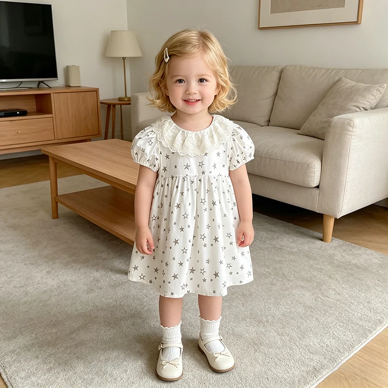 Sommer Neuer Stil 2-6 Jahre Mädchenkleid Kurzarm Babykleidung Kinderkleid Spitzenkragen Sternenmuster Baby Mädchenkleid