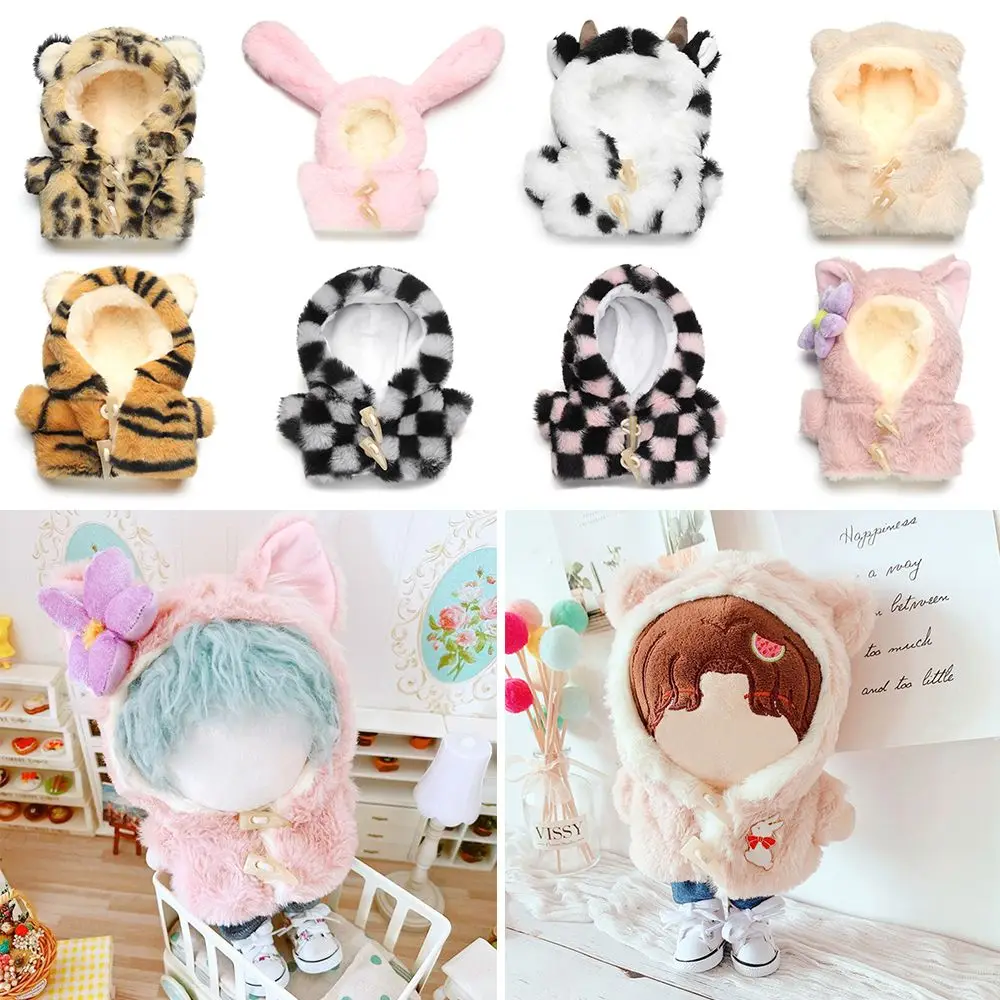 20cm Winter haarige Outfits austauschbare Geschenk Mini Horn Schnalle Kaninchen Bär Tiger Puppe Kleidung Tier Plüsch Mantel