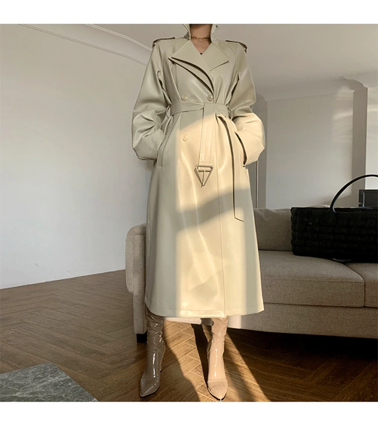 Spring Autumn Long Faux Leather Trench Coat for Women Belt Double Breasted Luxury Elegant Fashion  2024