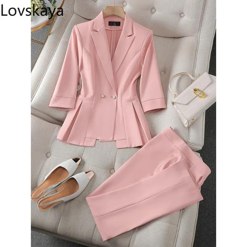 

Spring Summer Female Pink Yellow Black Business Work Wear Formal 2 Piece Set Half Sleeve Blazer And Pant Suit