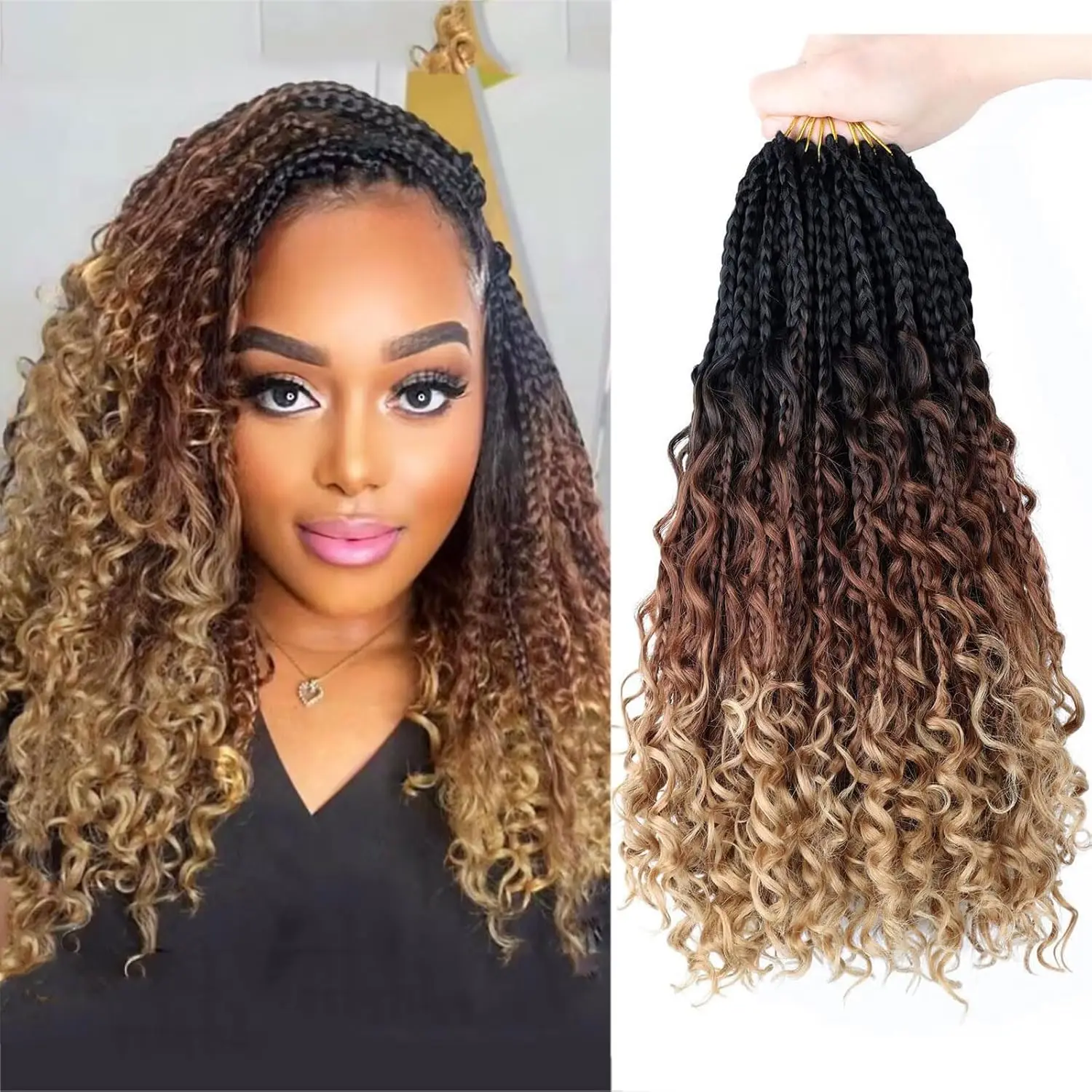 

Goddess Box Braids Вязаные крючком волосы Вязание крючком Box Braids Вьющиеся концы Богемные вязанные крючком Box Braids Волосы Синтетические вязанные крючком наращивание волос