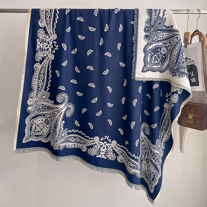 Neue Damenmode Faux Kaschmir Winter Pashmina Vintage Print Quasten Dicke Warme Zweiseitige Schal Outdoor Schals Wraps Foulard – Detail 16