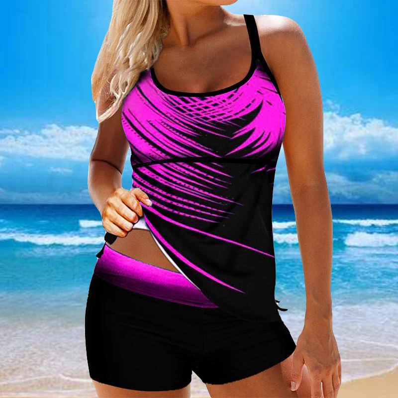 Leaf Printed Swimsuit Women Sexy Strap Cross Backless Plus Size Tankini Set Female Summer Beach 2 Pieces Swimwear Bathing Suit