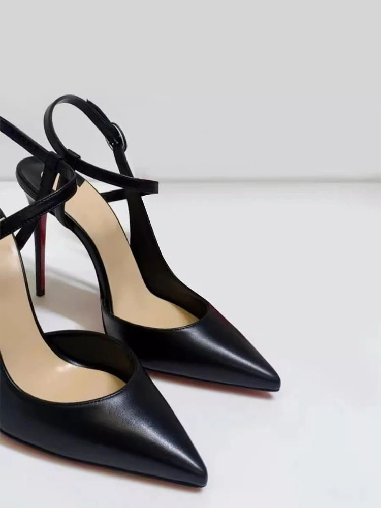 2025 الفم الضحلة الصيف الأسود 12 سنتيمتر الدانتيل يصل مزاجه مثير رقيقة كعب الصنادل وأشار الأحمر وحيد مزاجه أحذية نسائية