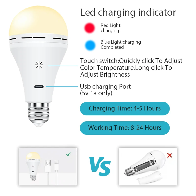لمبة إضاءة قابلة لإعادة الشحن USB-C - 3 ألوان، جهاز تحكم عن بعد/قابل للتعتيم/مؤقت، 2200 مللي أمبير في الساعة لغرفة المعيشة وغرفة النوم