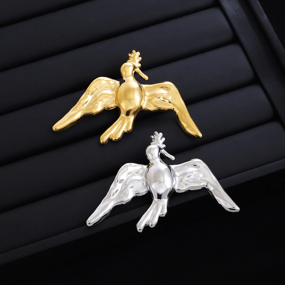 Spring New Arrivals Matte Finish Sterling Silver and Gold Pigeon with Olive Branch Brooch and Women's Anti-Allergy Earrings