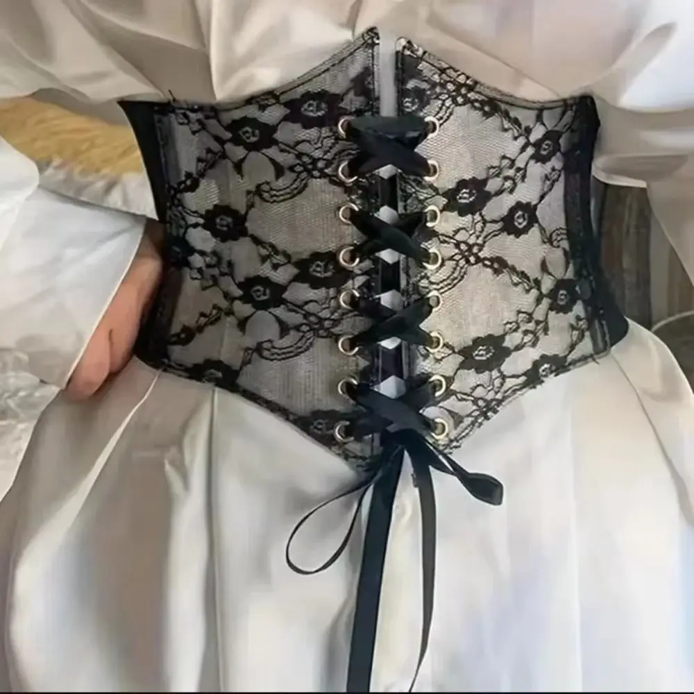 Flower Embroidery Lace-up Corset Belt Transparent Lace Wide Lace Elastic Waistband Punk Style Stretchy Elastic