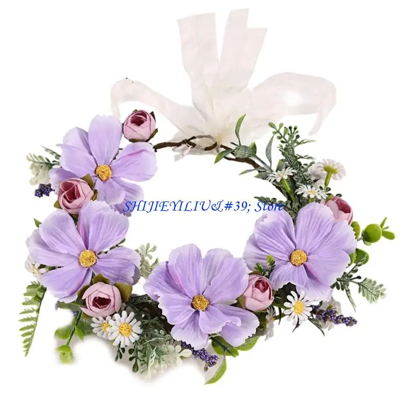 

E21F Natural Fabric Flower Headbands With Plastic Grass Accent Elastic Comfort Band For Outdoor Family Event Adventures