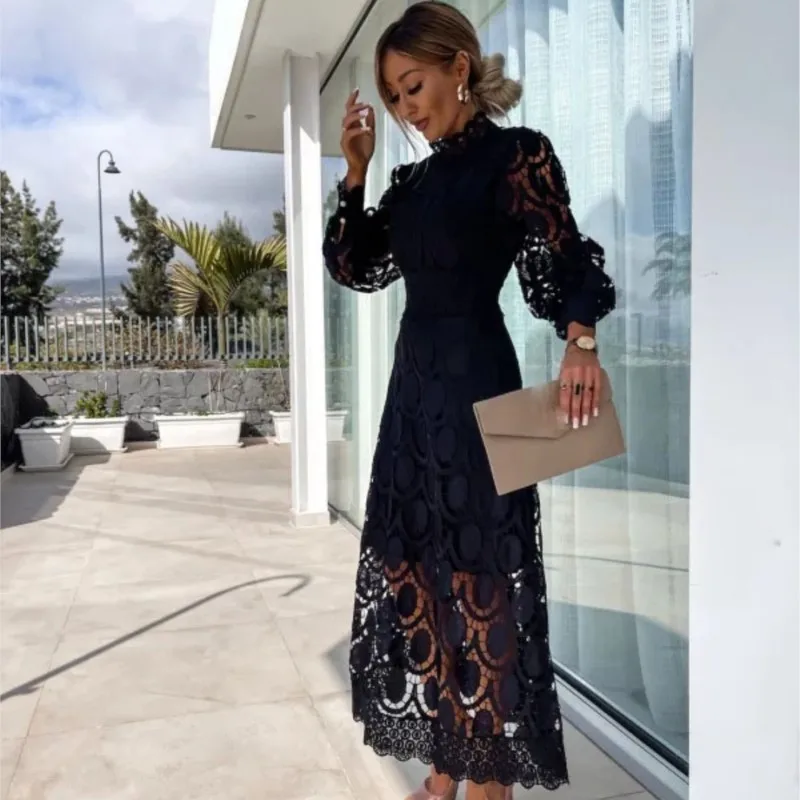Lace Puff Sleeve Long Dress Women 2025 Spring Elegant New Fashionable Stand Collar High Waist Slim Dresses