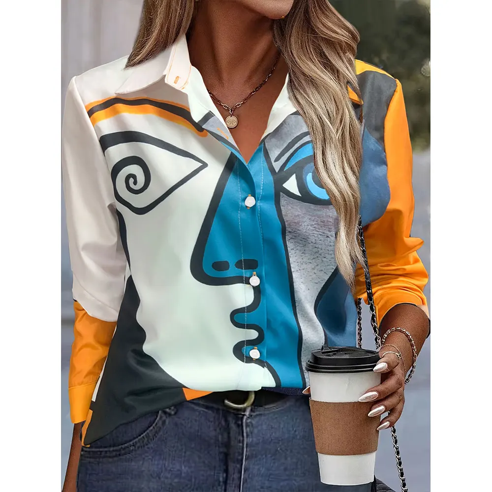 Summer Shirt Color Face Digital Printed Button-Down Shirt Women Large Size Lapel Long Sleeve Shirt Women\'S Casual Everyday Wear