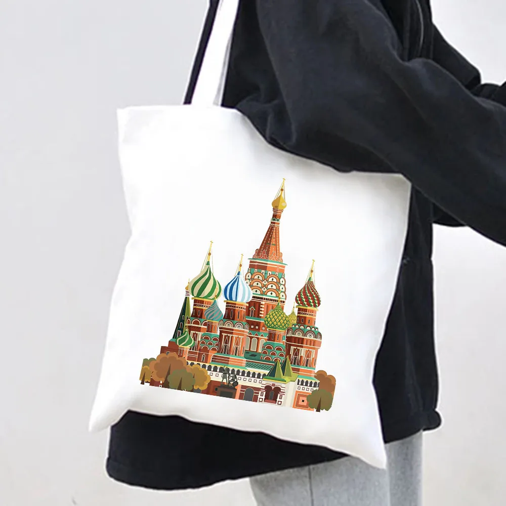 Bandeira russa brasão de armas moscou mulheres lona ombro harajuku bolsas totes eco shopper reutilizável algodão dobrável saco de compras