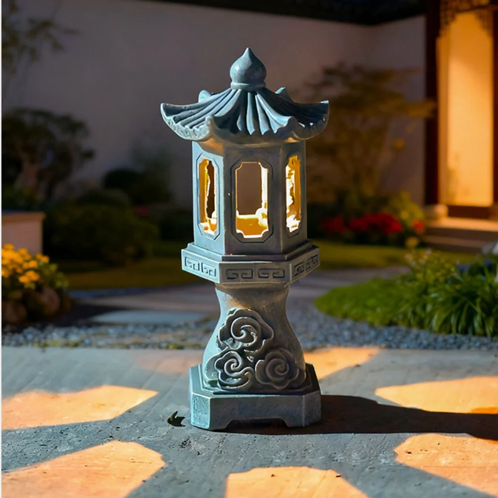 Zen Solar Pagoda Lantern with Resin Material Solar Powered Outdoor Garden Light Waterproof and Sun Protective Coating