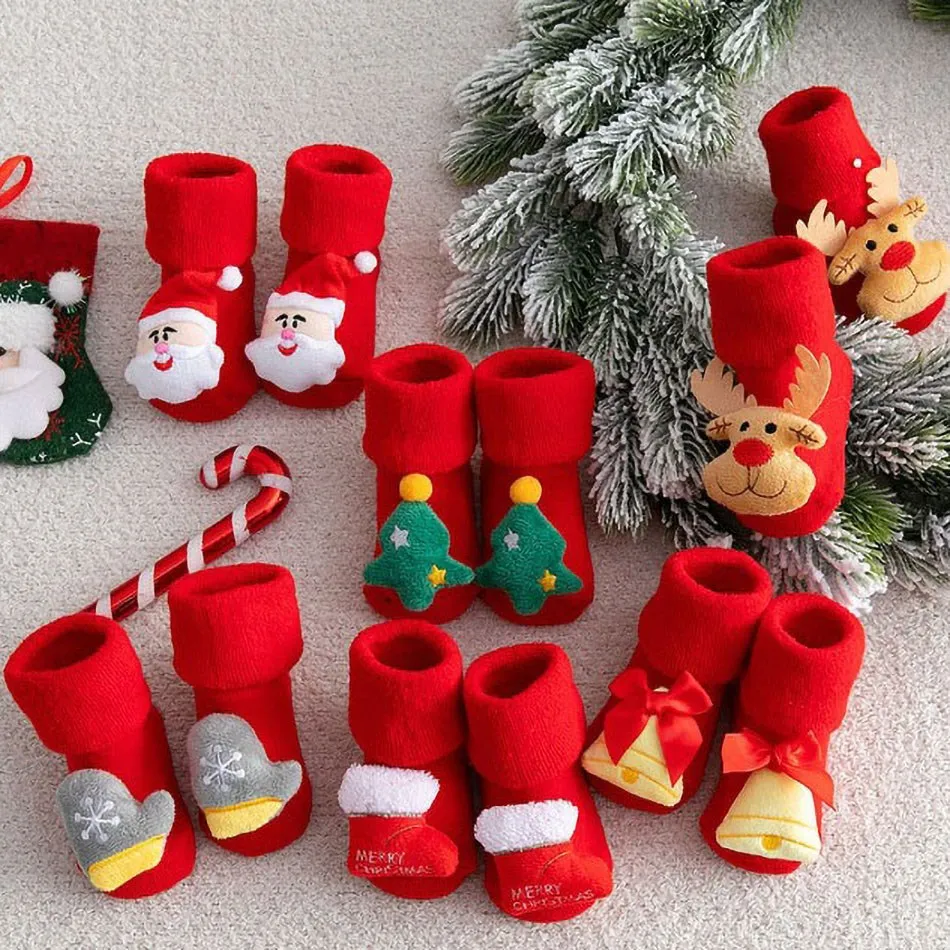 Newborn Stuff Kids Thickened Terry Christmas Non-Skid Clothing Accessory Children Xmas Winter Socks Toddler Stockings 0-3 Years