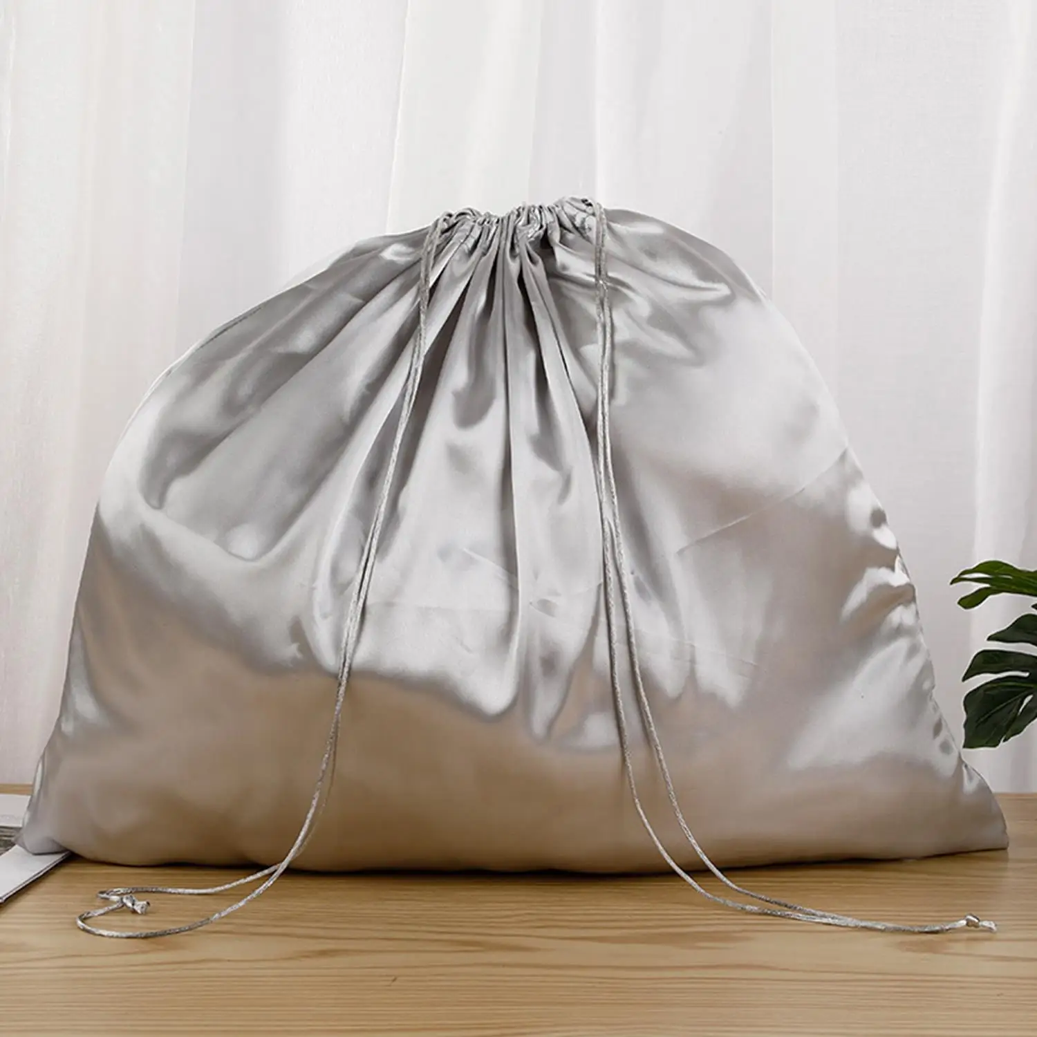

Drawstring Bag Sliver Color Jewelry Bag Satin Tote Organizer Portable Handbags Grocery Shopping Bag Foldable Travel Storage Bag