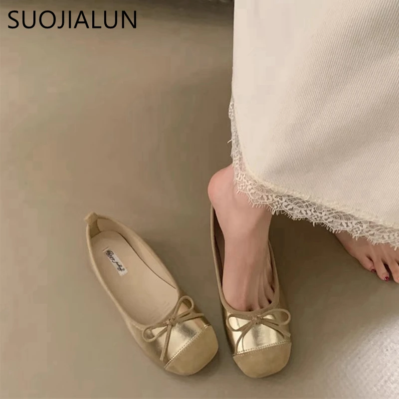 SUOJIALUN 2025 New Spring Women Flat Shoes Fashion Round Toe Shallow Slip On Ladies Ballet Shoes Soft Leather Eelgant Boat Shoes