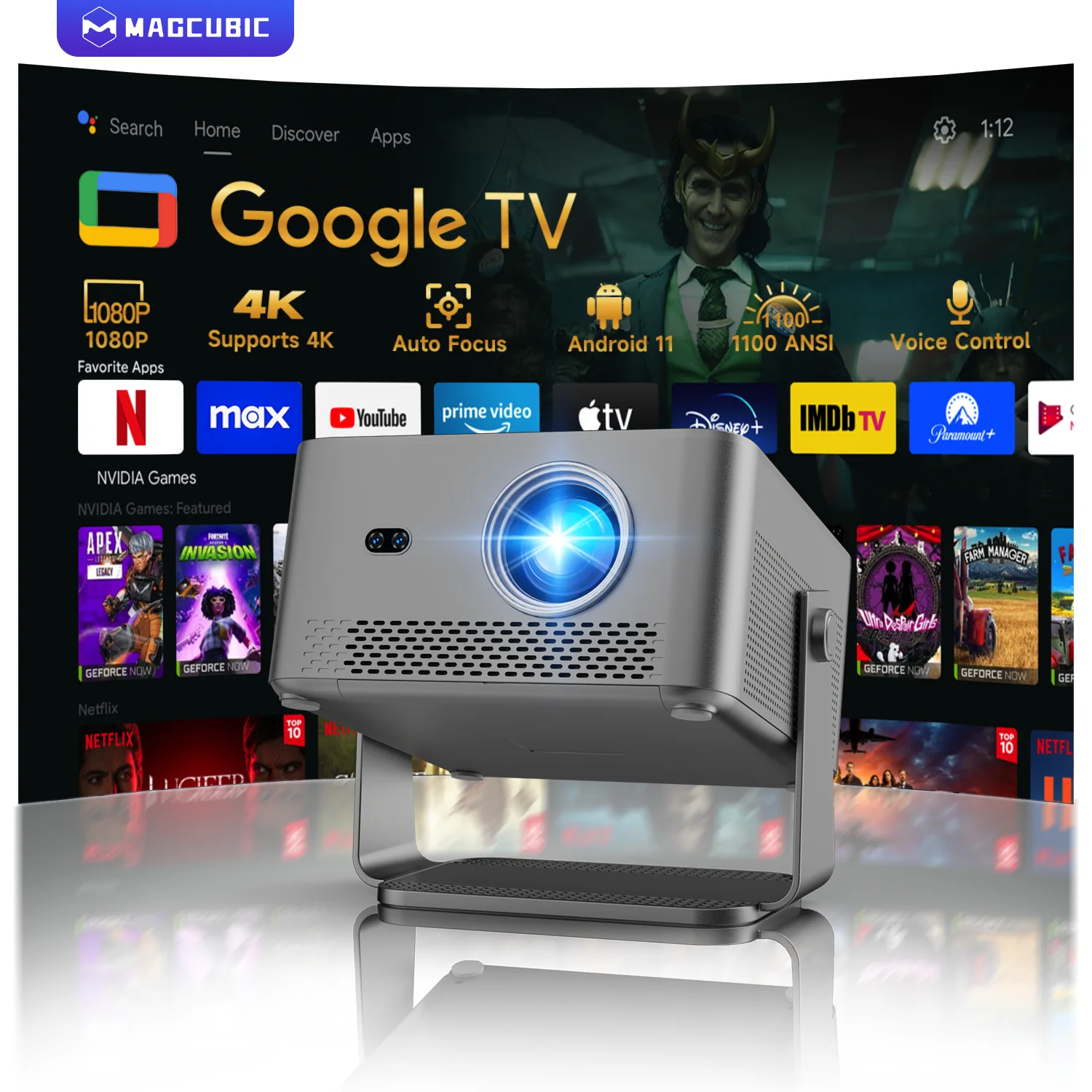 Magcubic Proiettore HY450GTV con Google TV, Stick 1080P HDR10, 1100 ANSI, Auto Focus, Keystone, Wi-Fi, per Home Cinema
