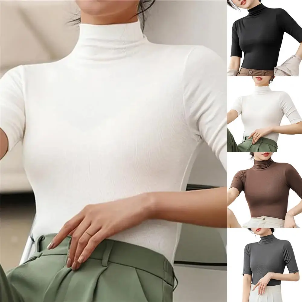 Basic Cotton T Shirt Women Turtleneck Slim Tshirt Short Sleeve T-shirts Female Casual Elasticity White Tee Shirt Femme Woman Top