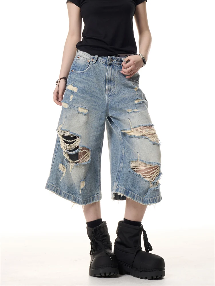

Retro Waed American High Street Men's Loose Straight Tube Jeans ort Pants A-Line Seven-Foot Casual Trendy Blue Denim