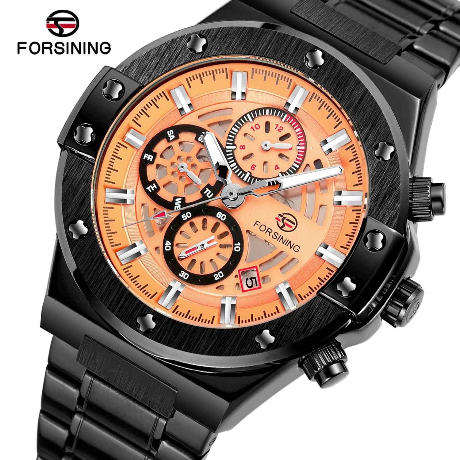 2024 New Sports Waterproof Mechanical Watches Luxury Stainless Steel Skeleton Multifunctional Automatic Date Wrist Watch For Men