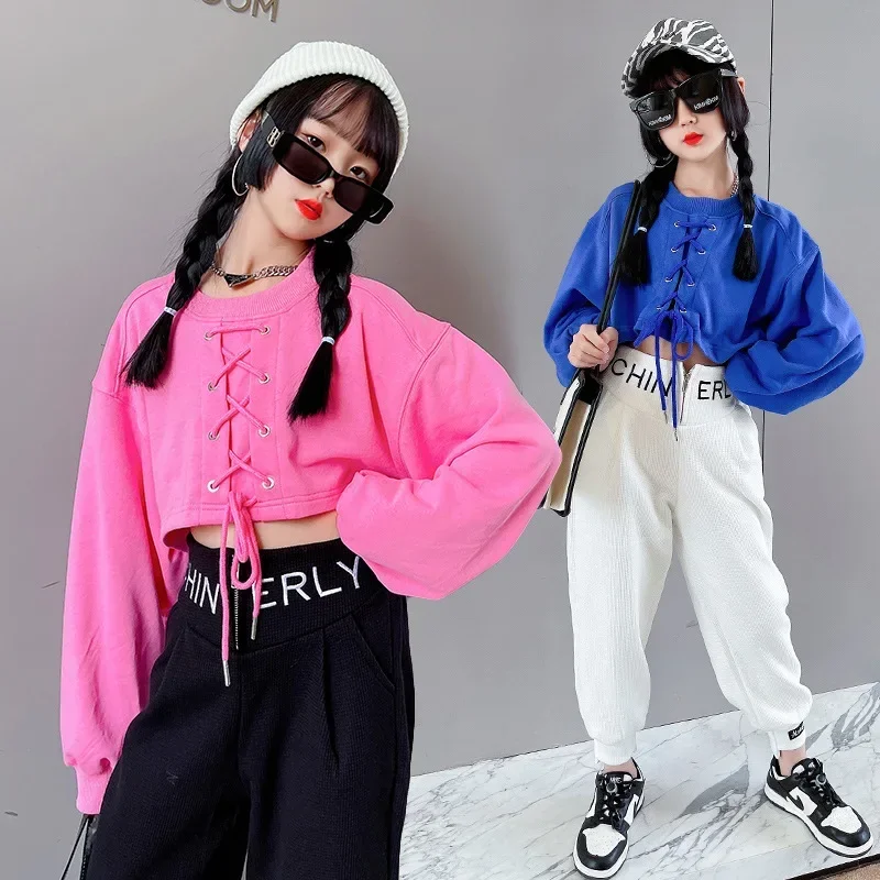 2024 fall fashion clothes girls hoodies kids crop top bandage sweatshirts lace up streetwear hip hop teenage 6 to 16 yrs