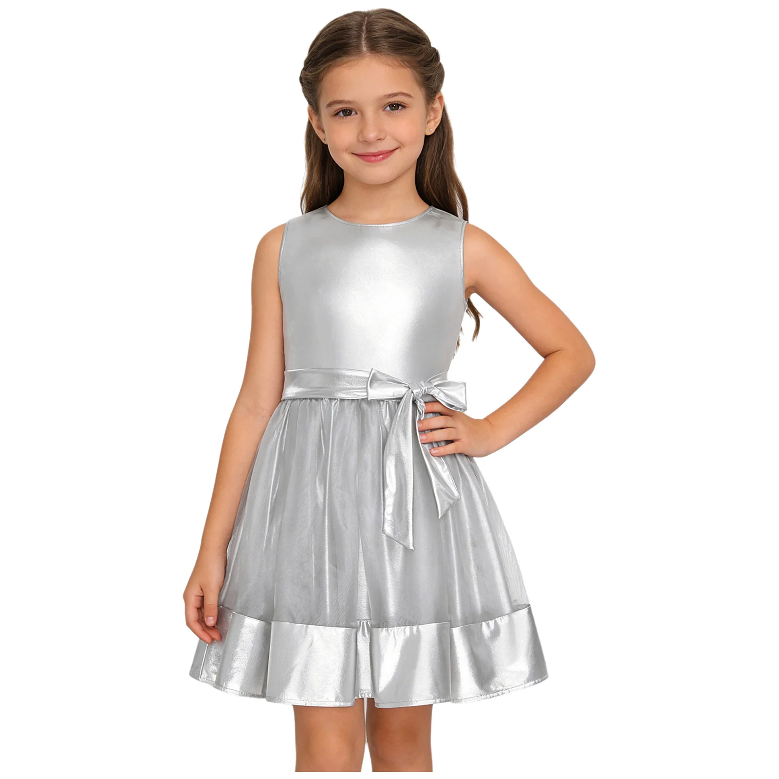 キッズメタリック光沢のあるダンスドレス女の子モダン社交衣装子供のカジュアルガールドレスファッショナブルなクリスマス宴会服