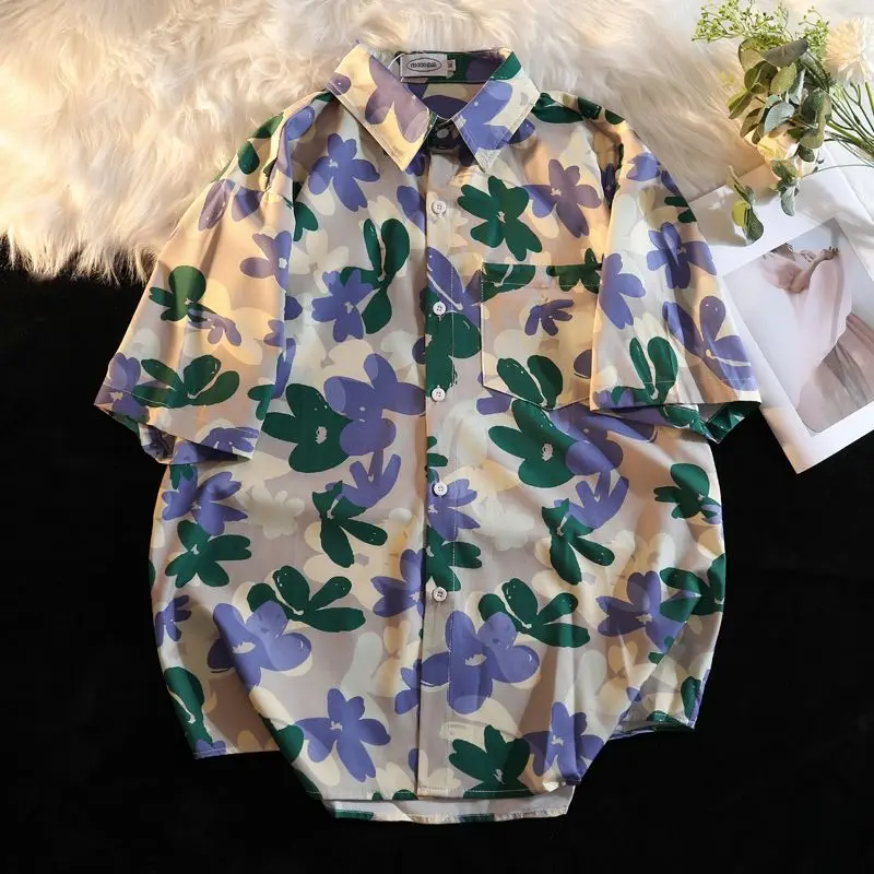 New style oil painting retro short-sleeved floral shirt for men and women summer new loose slim casual Hong Kong style printed