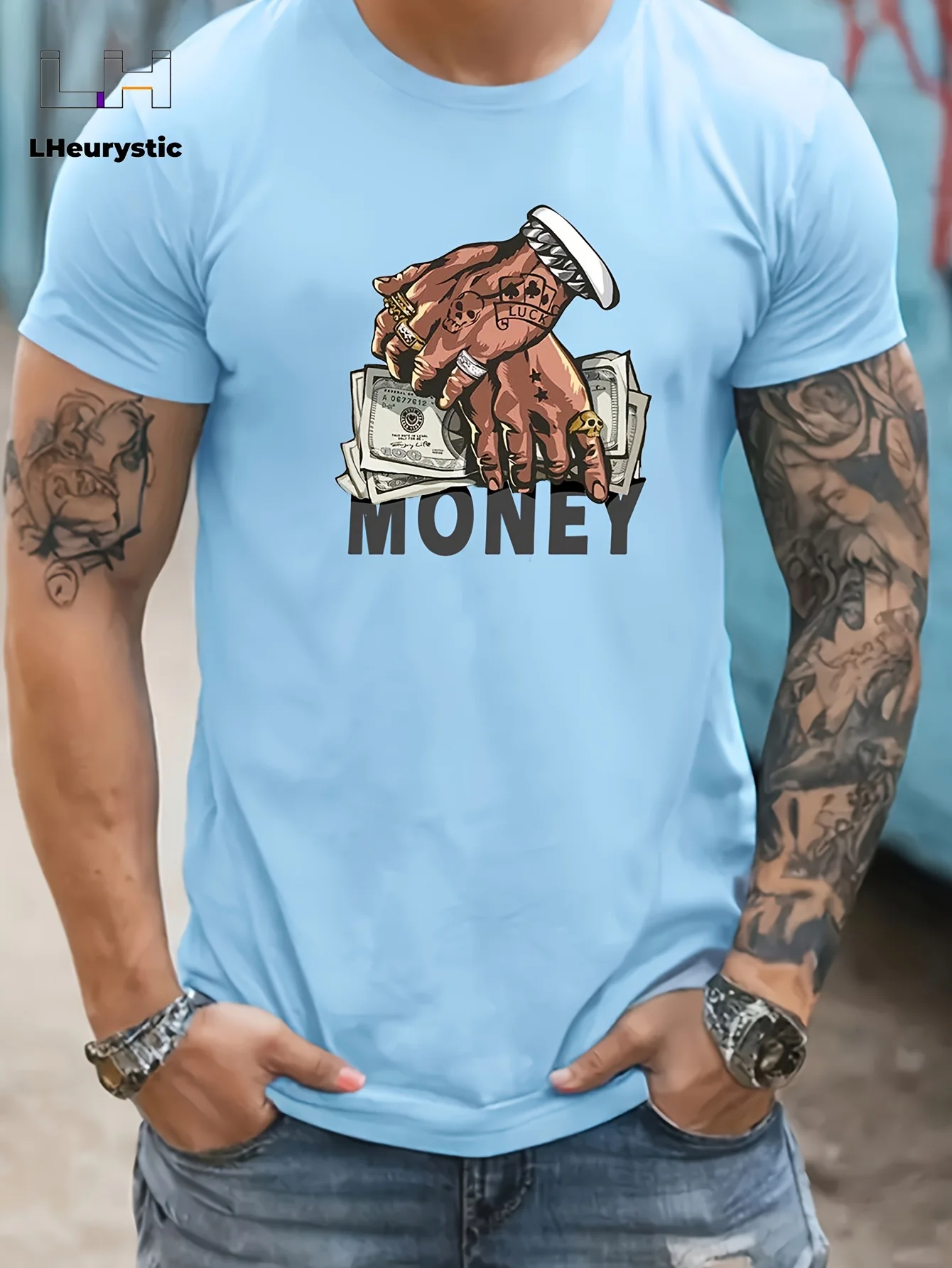 MONEY Print, Men's Graphic Design Crew Neck Active T-shirt, Casual Comfy Tees Tshirts For Summer, Men's Clothing Tops For Daily Gym Workout Running