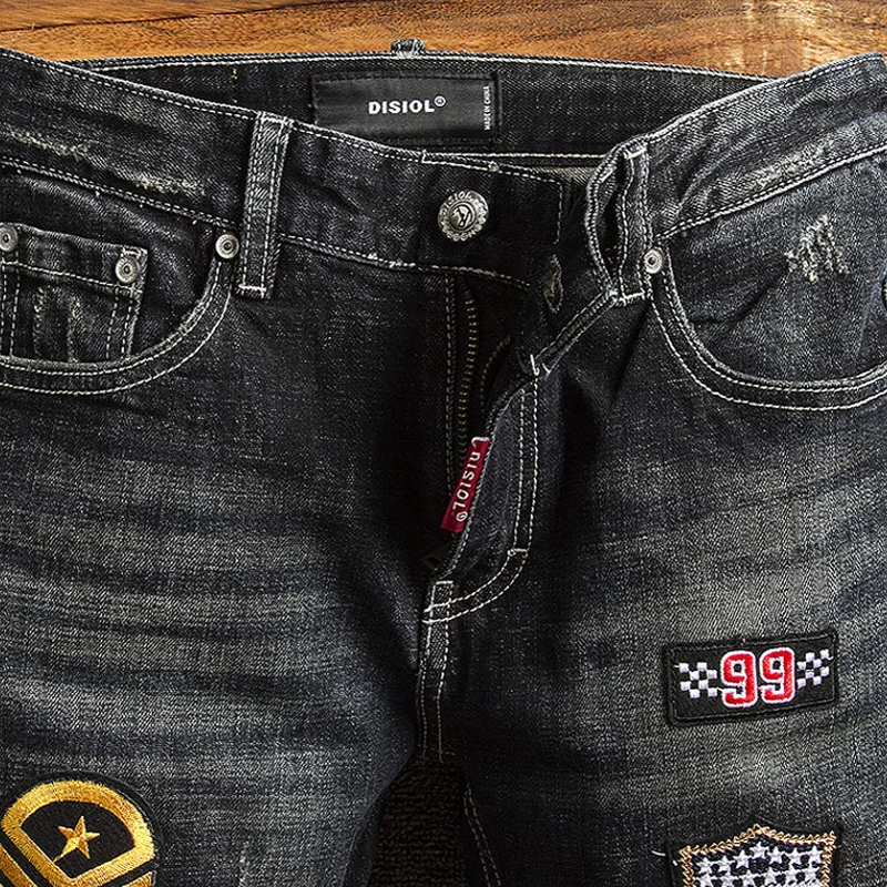 High Street Fashion Men Jeans Retro Black Blue Elastic Slim Fit Ripped Jeans Men Patches Designer Hip Hop Vintage Pants Hombre