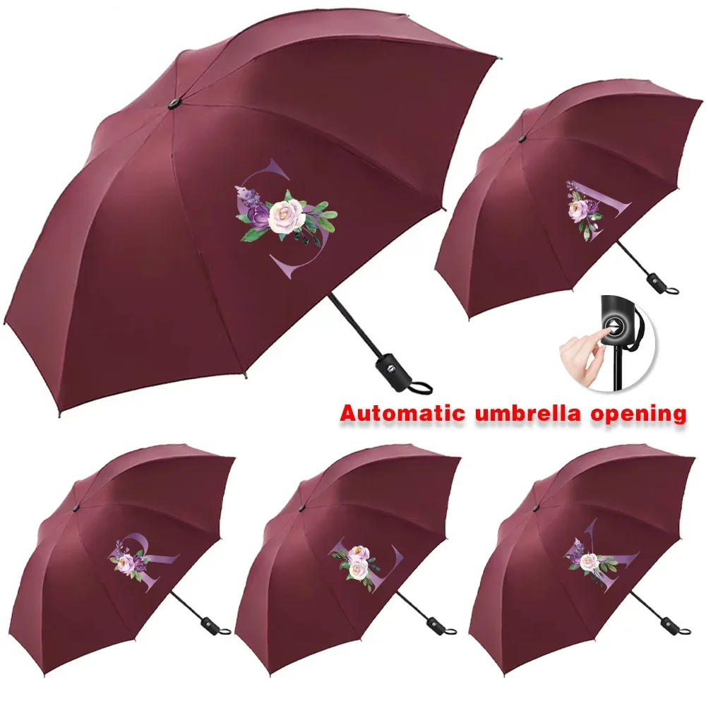 

Automatic Umbrellas for Sunshine Rainy Windproof Strong Umbrella Folding Large Buckle Handle Double Bone Resistant Purple Print