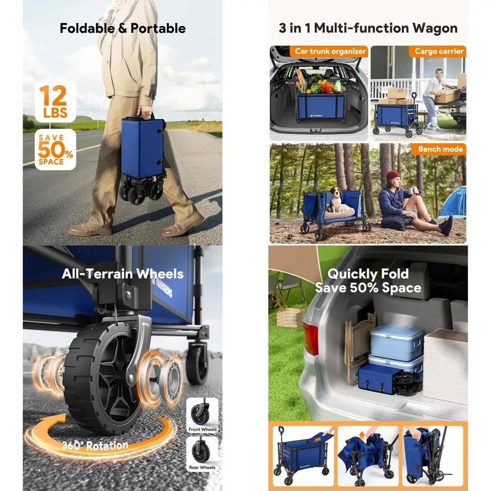 

Folding Utility Wagon with Wheels for 220lbs Load, 120L Capacity, Suitable for Shopping, Beach, Garden, Camping, and Sports