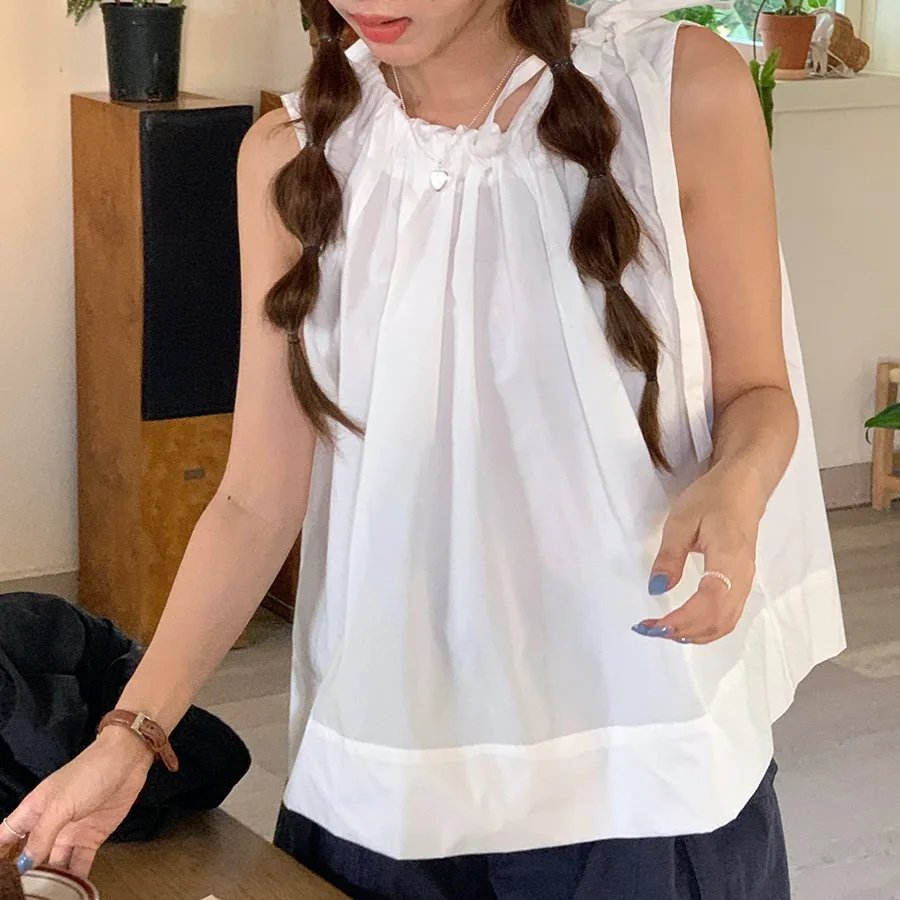Fashionable Korean Style Chic round Neck Sleeveless Shirt Drawstring Shoulder Strap Wrinkle Resistant Summer New Arrival Wome...