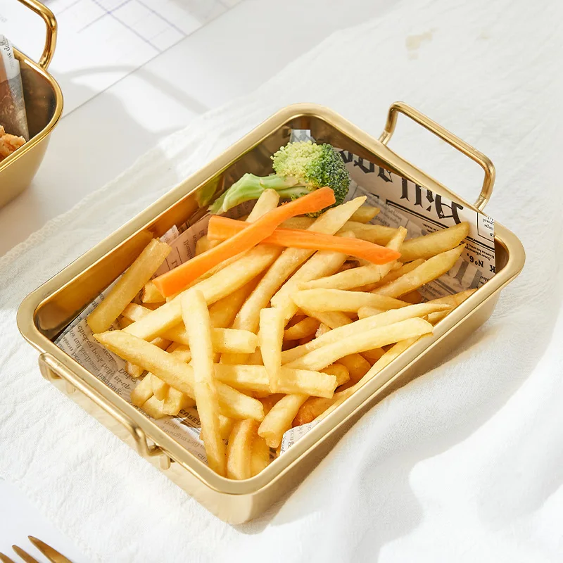 ステンレス鋼スナックプレートハンドル付きホームメタルフライドポテト食品保管サービングトレイキッチンフルーツ野菜サラダプレート