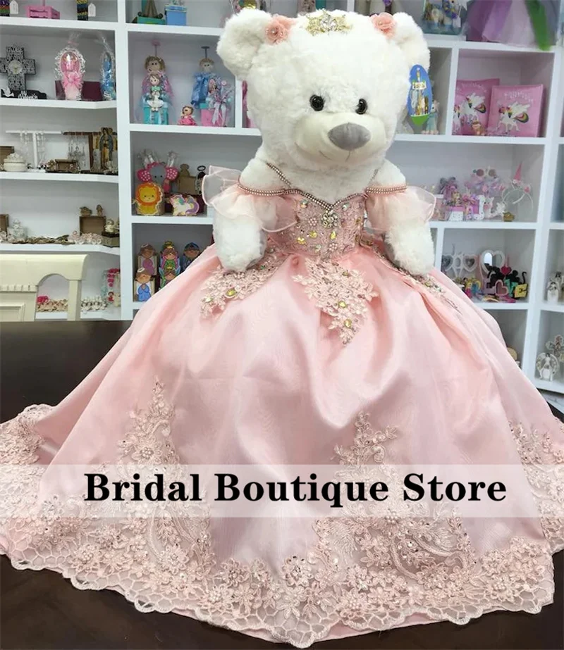 Enlace especial para vestido personalizado de oso de peluche para quinceañeras, cuentas de cristales de encaje rosa, oso de perlas no incluido personalizado