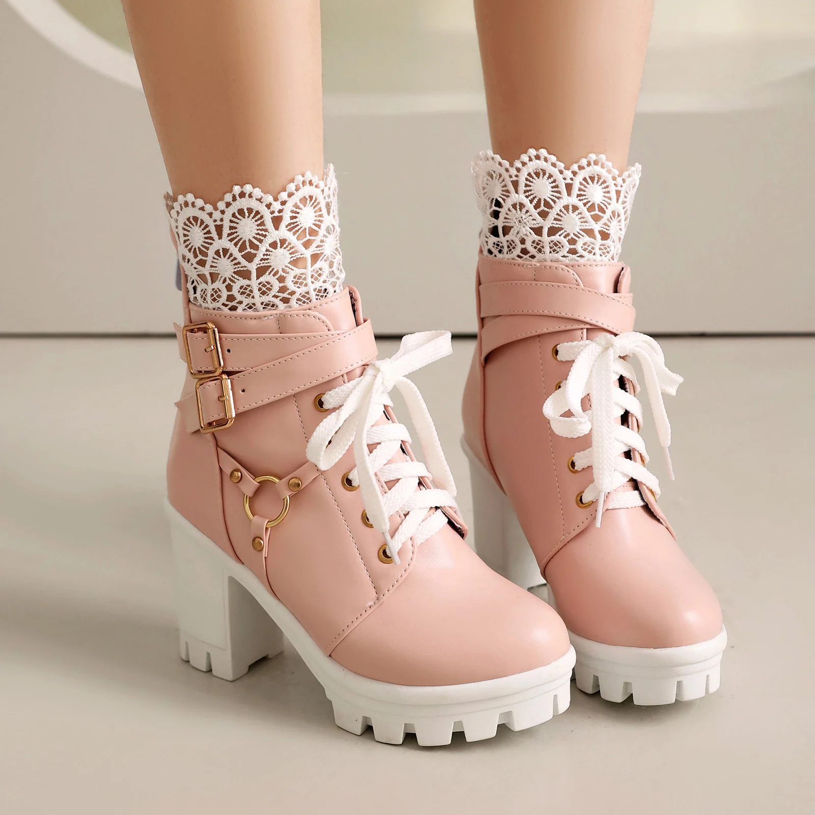 Women Chunky Platform Ankle Boots Lolita Block High Heel Lace Up Boots Sweet Lace Back Zipper Princess Cosplay Shoes Black White