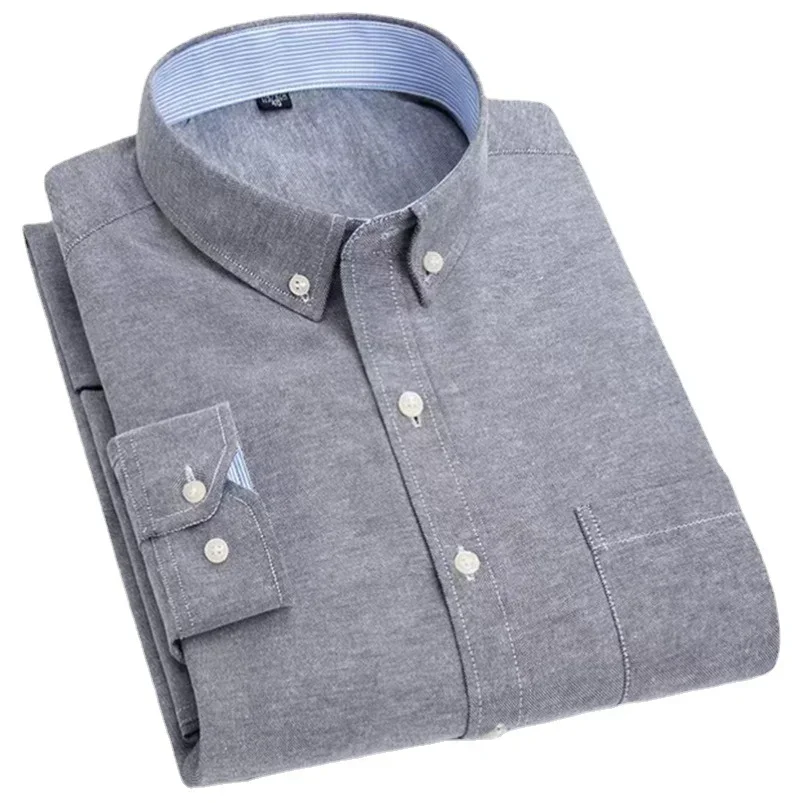 Camisa informal Oxford de manga larga a rayas para hombre, camisa informal con bolsillo frontal y cuello abotonado de ajuste Regular, camisas de trabajo gruesas Yyqwsj