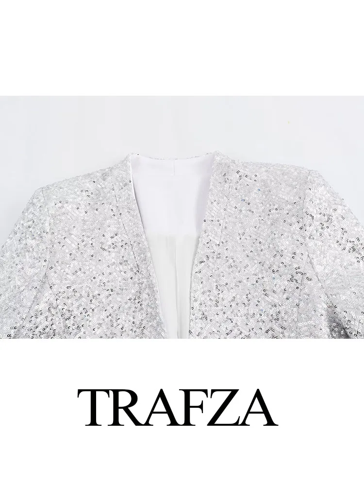 TRAFZA-Blazer de Lantejoulas Prateado Manga Longa Feminina, Casaco Solto com Decote V, Casaco Casual Fino de Bolso, Streetwear Chique, Moda