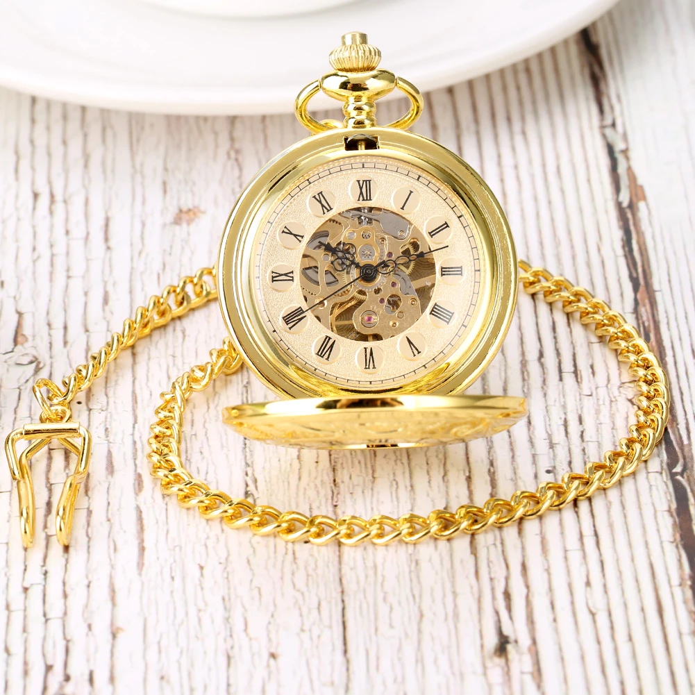 Classic Roman Numerals Hollow Mechanical Hand Winding Pocket Watch Golden Fob Chain Pendant Clock Vintage Wedding Gift for Men