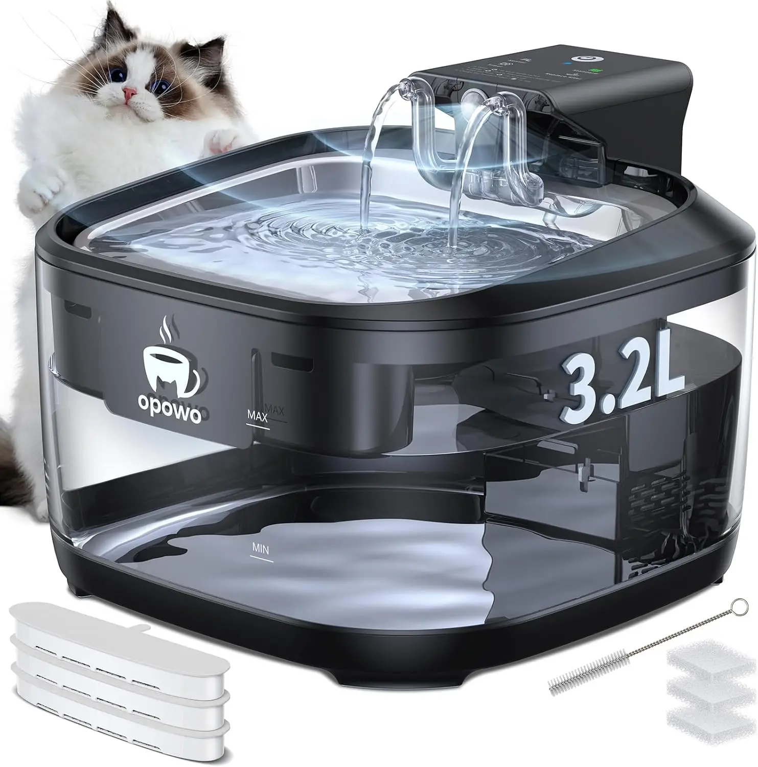 

Wireless Cat Water Fountain Stainless Steel 108oz/3.2L Cat Water Fountain Battery Operated with 3 Modes 5000mAh Battery