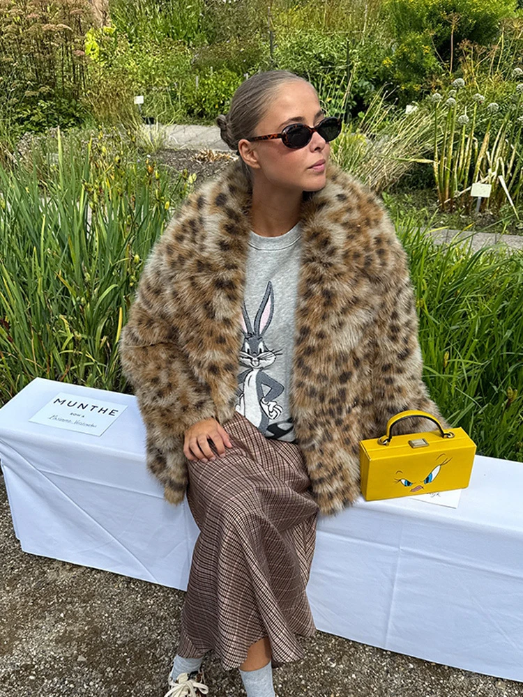 LIMO Ladies Leopard Faux Fur Jacket Turn‑Down Collar Open Front Casual Loose Fit Fashion Plush Outer Coat