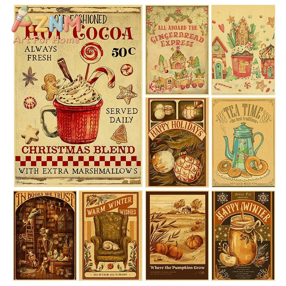 Retro Christmas Cocoa Dessert Posters Vintage Living Art Picture Canvas Office Cafe Decoration Gifts Home Decoration Painting