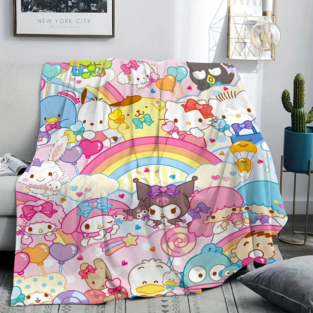 

1 шт., фланелевое одеяло с персонажами Sanrio, мягкое теплое одеяло с 2D принтом для спальни, гостиной, кемпинга, красочный домашний декор, милый