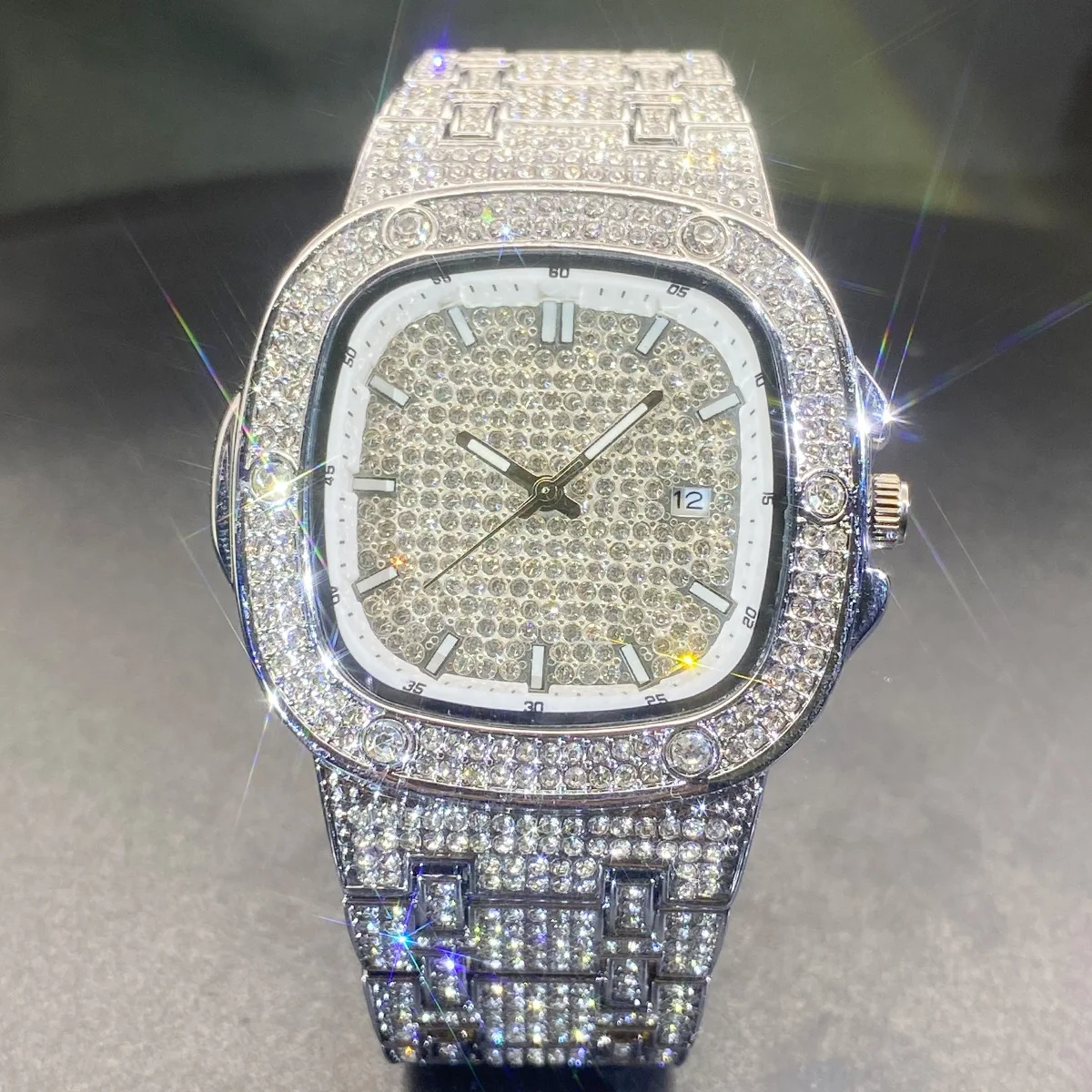 Square Wrist Watch for Men Women Shiny Full Stone Couple Quartz Watches Fashion Jewelry Classical Watch Clock Gold Silver Color view 5