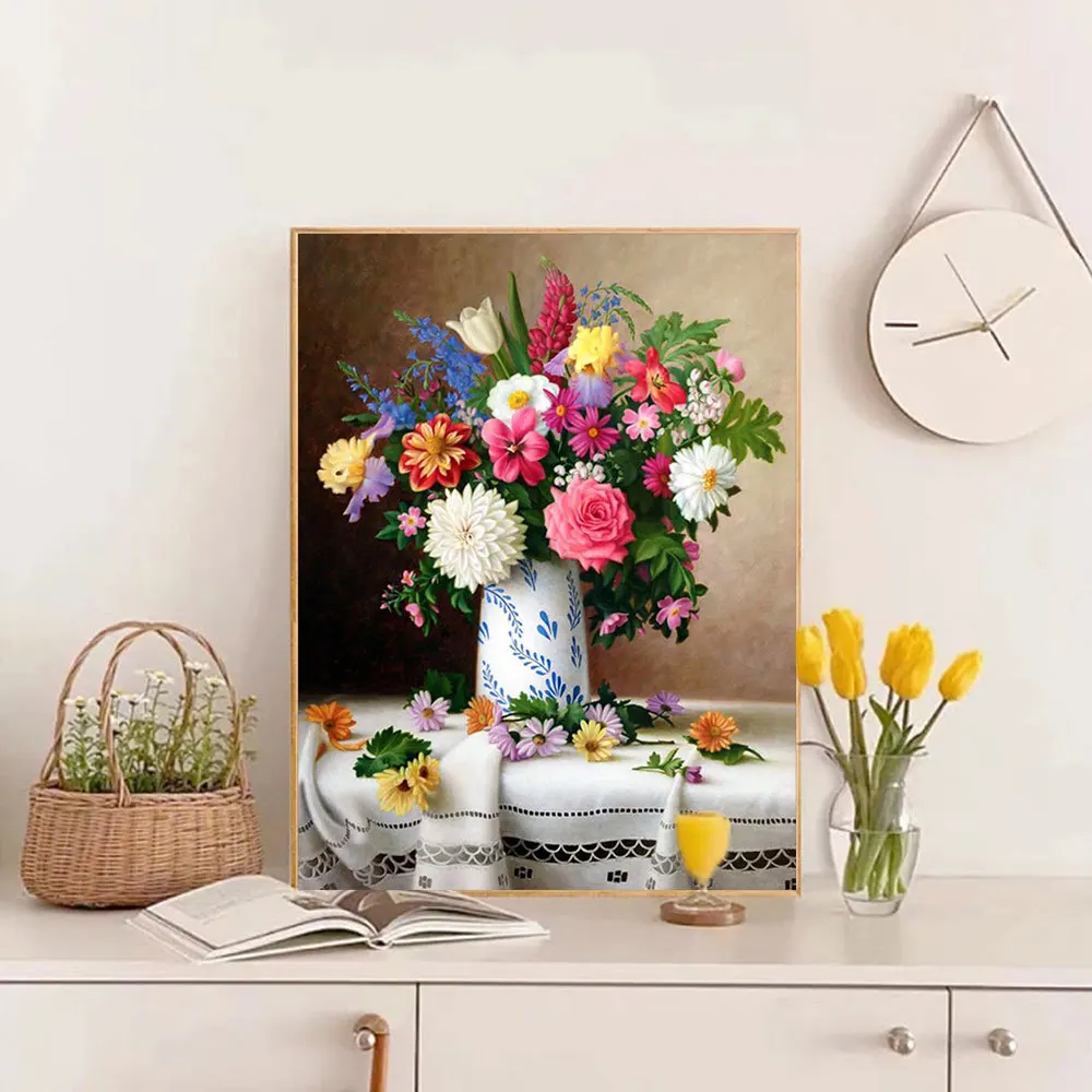 YI BRIGHT 5D Diamond Painting Rose Flower Cross Stitch Kit Full Square Round Mosaic Poeny Vase Gifts For Women Wall Art