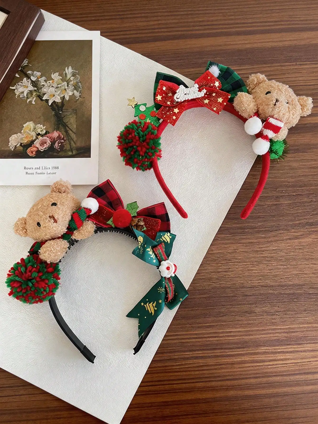 1pc New Christmas Plush Teddy Bear Headband With Bow, Fashionable Cute Holiday Style Christmas Hairband, Christmas Teddy Bear Headpiece Decoration, Birthday Party Photo Prop Headband, Christmas Decorative Hairband